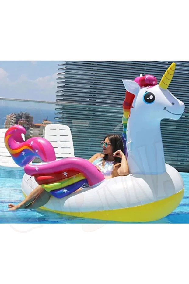 Unicorn Tek Boynuzlu Tutamaçlı MEGA Boy Ada Binici At Havuz, Deniz 201cm x 140cm x 97cm Pompa, Yama